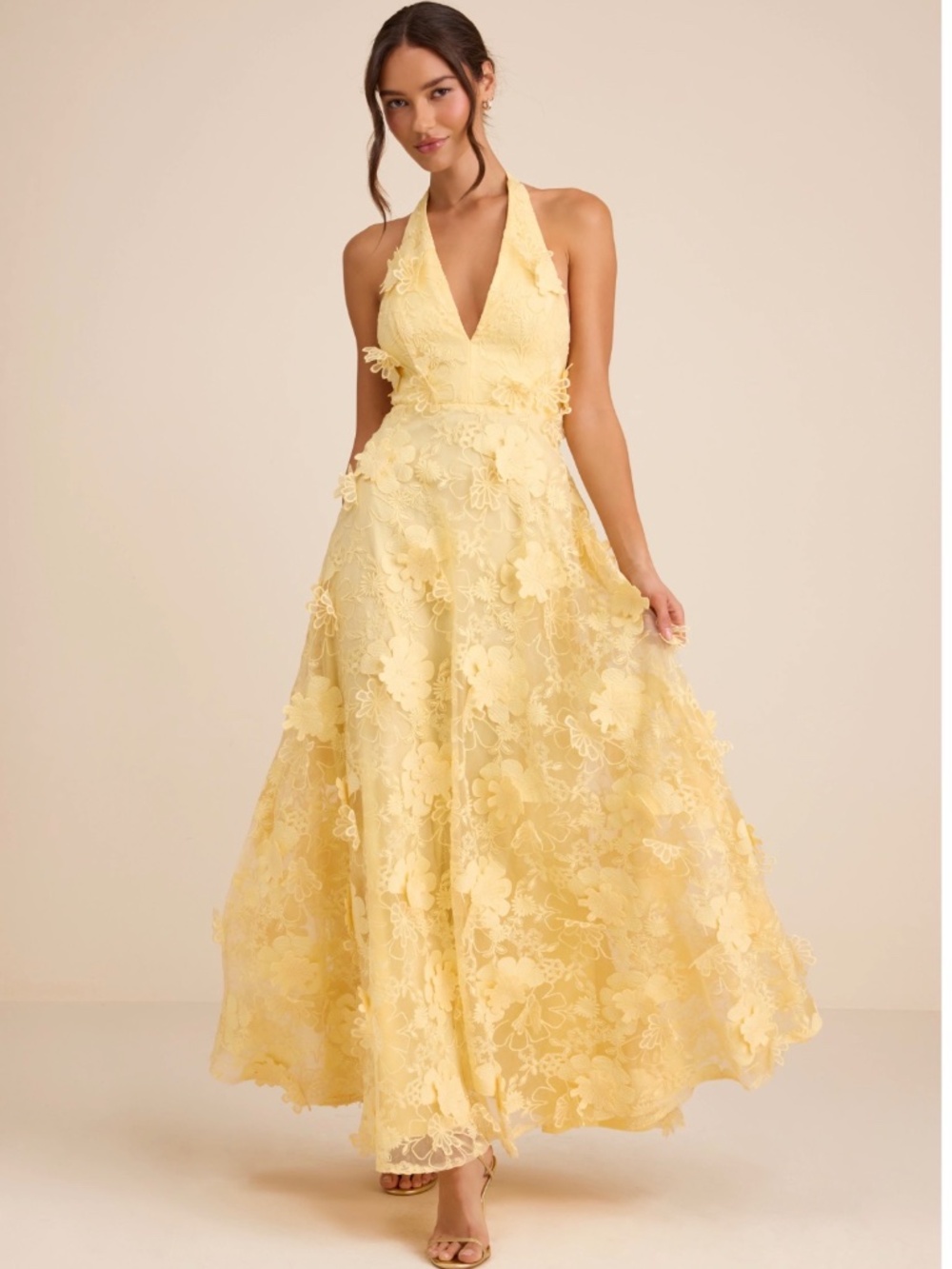 NWT Lulus Kennia Light Yellow 3D Floral Embroidered Halter Maxi Dress XS